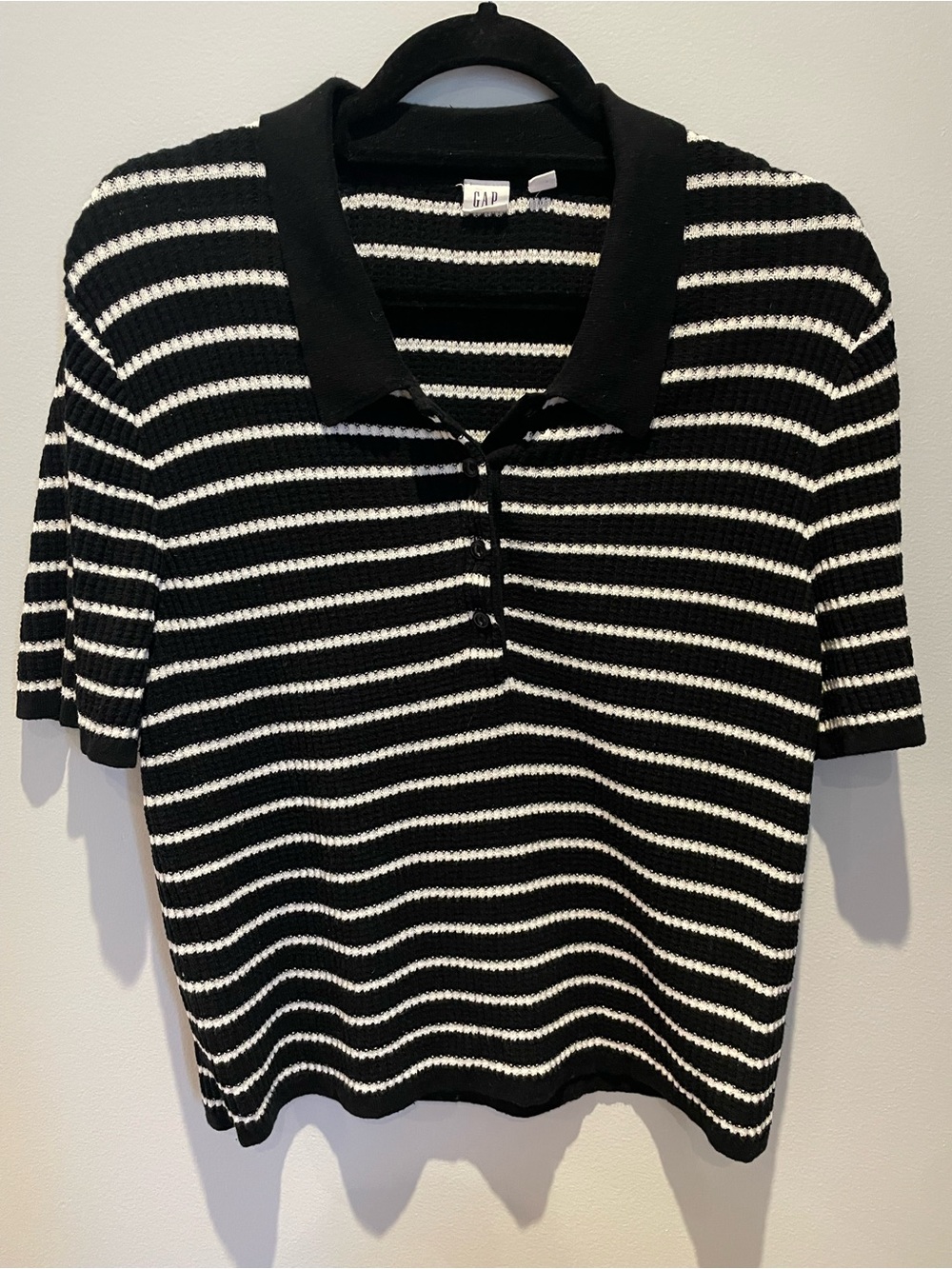 GAP Black and White Striped Knit Polo
